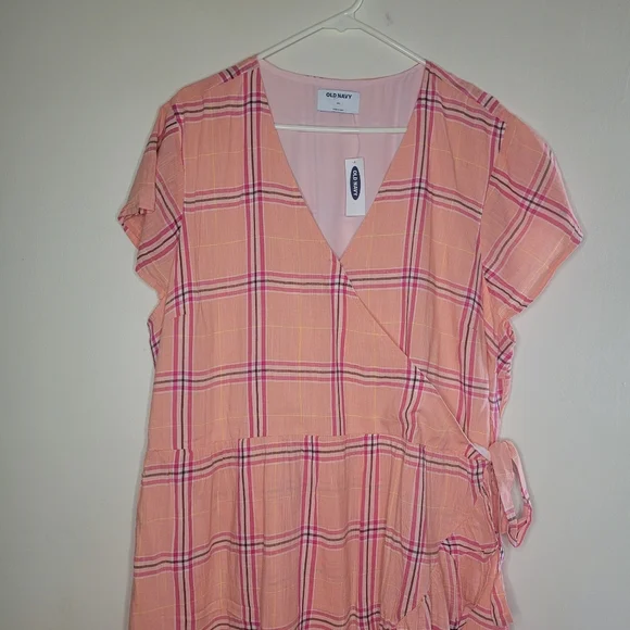 NWT Old Navy Dress Womens XXL Pink Orange Plaid Ruffle Fauz Wrap Picnic Summer - Picture 3 of 10